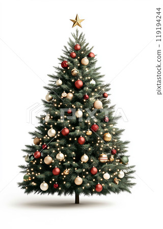 Christmas tree featuring red and white decorations, isolated on white background, celebrating the festive season Christmas tree featuring red and white decorations, isolated on white background, celebrating the festive season 119194244