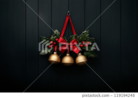 Festive arrangement of holly leaves, red berries, and golden ornaments on dark wooden background, Christmas spirit Festive arrangement of holly leaves, red berries, and golden ornaments on dark wooden background, Christmas spirit 119194248