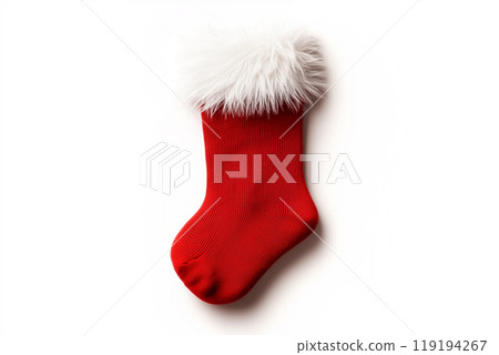 Red Christmas stocking with fluffy white trim on white background, Christmas Tree Decorations and holiday concept 119194267