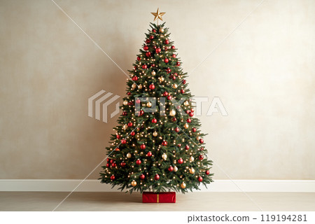 Christmas tree adorned with red and gold ornaments and lights. Yellow background. Concept of festive holiday decoration 119194281