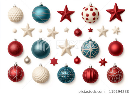 Collection of decorative Christmas ornaments in various styles and colors isolated on white background Collection of decorative Christmas ornaments in various styles and colors isolated on white background 119194288