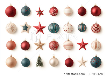 Collection of decorative Christmas ornaments in various styles and colors isolated on white background 119194289