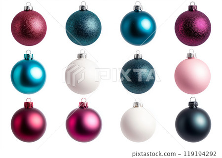 Collection of decorative Christmas ornaments in various styles and colors isolated on white background 119194292