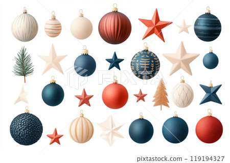 Collection of decorative Christmas ornaments in various styles and colors isolated on white background 119194327