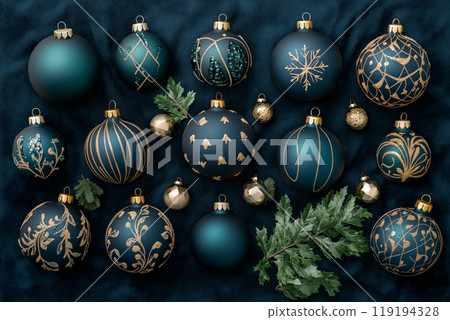 Luxurious Christmas ornaments with golden patterns on dark background. Concept of festive decorations and holiday 119194328