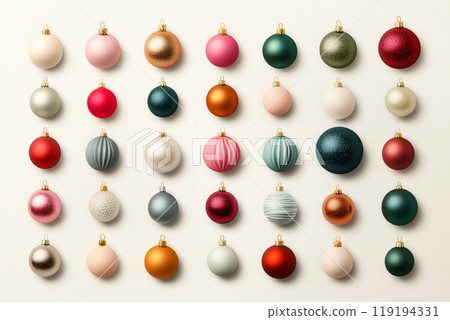 Collection of decorative Christmas ornaments in various styles and colors isolated on white background 119194331