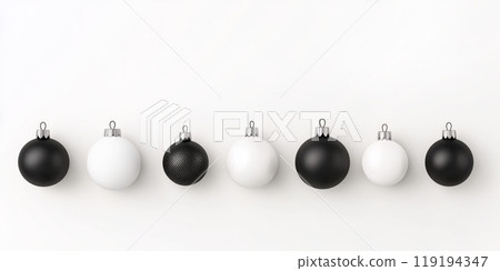 Glossy black and white ornaments suspended on thin strings on white background, showcasing a modern Christmas aesthetic Glossy black and white ornaments suspended on thin strings on white background, showcasing a modern Christmas aesthetic 119194347