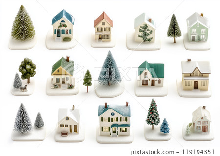 Collection of detailed miniature houses, snowy trees isolated on white background, showcasing various designs and colors 119194351