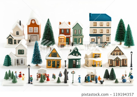 Miniature winter village with various houses, trees, and figurines on a white snowy background. Festive holiday decor 119194357