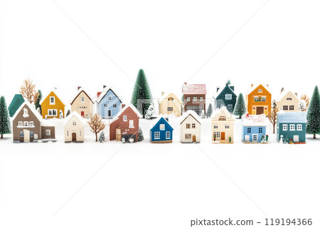 Miniature winter village with various houses, trees, and figurines on a white snowy background. Festive holiday decor 119194366