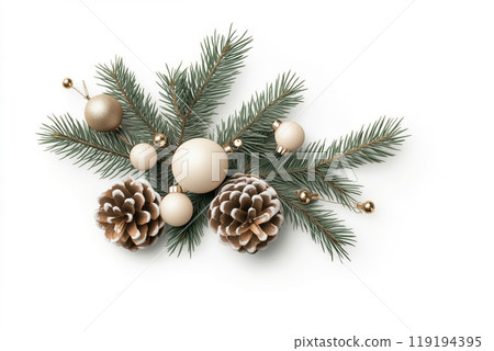 White ornaments and pinecones on green branches, isolated on white background, festive Christmas spirit White ornaments and pinecones on green branches, isolated on white background, festive Christmas spirit 119194395