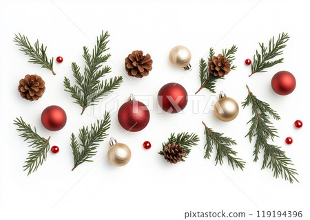 Red and white ornaments and pinecones on green branches, isolated on white background, festive Christmas spirit Red and white ornaments and pinecones on green branches, isolated on white background, festive Christmas spirit 119194396