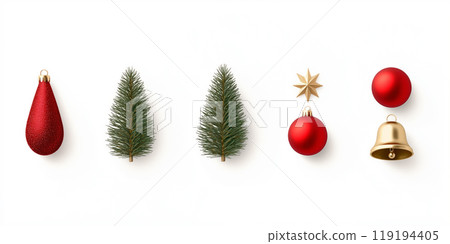 Christmas decoration with gold ornaments, bells and pine cones on green pine branches, isolated on white background Christmas decoration with gold ornaments, bells and pine cones on green pine branches, isolated on white background 119194405