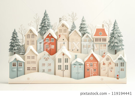 Miniature winter village with various houses, trees, and figurines on a white snowy background. Festive holiday decor 119194441