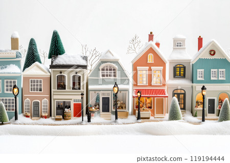 Miniature winter village with various houses, trees, and figurines on a white snowy background. Festive holiday decor 119194444