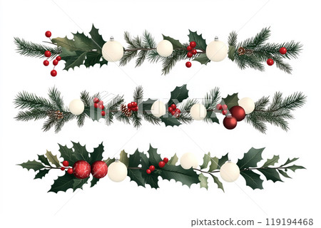Red and white ornaments and pinecones on green branches, isolated on white background, festive Christmas spirit 119194468