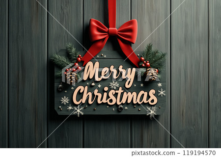 Festive Christmas sign featuring a bow, pinecones, and greenery on dark wooden background, conveying holiday spirit 119194570