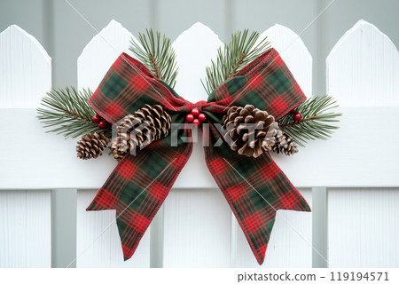 Festive plaid bow with pinecones and berries, set against a white fence background, capturing holiday spirit Festive plaid bow with pinecones and berries, set against a white fence background, capturing holiday spirit 119194571