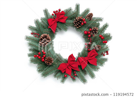 Festive Christmas wreath adorned with pine cones, red berries, and a red bow isolated on white background. 119194572