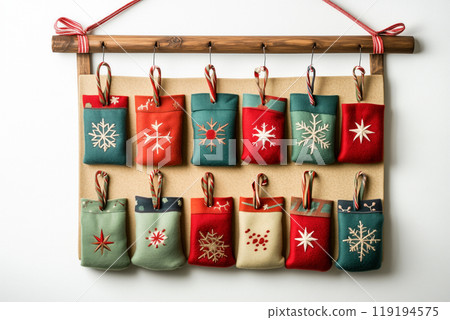 A collection of red and green decorative ornaments hanging, isolated on white background. Handcrafted advent calendar 119194575