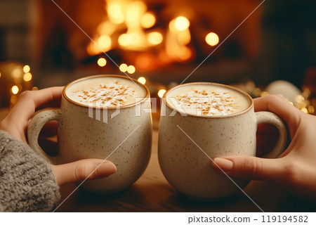 Close-up of hands holding a warm cup of coffee, cozy sweater, warm beige background. Concept of comfort and relaxation 119194582