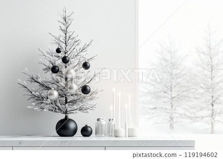 Minimalist Christmas tree with black and white ornaments stands next to a marble shelf adorned with lit candles 119194602