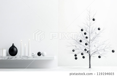 Minimalist Christmas tree with black and white ornaments stands next to a marble shelf adorned with lit candles 119194603