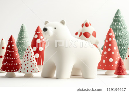 Polar bear figurines with Christmas trees on white background. Minimalist art style. Concept of winter holiday decor Polar bear figurines with Christmas trees on white background. Minimalist art style. Concept of winter holiday decor 119194617
