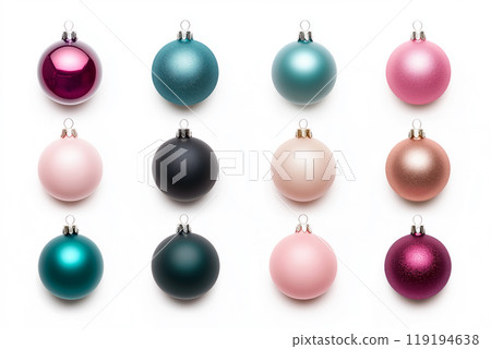 Collection of decorative Christmas ornaments in various styles and colors isolated on white background Collection of decorative Christmas ornaments in various styles and colors isolated on white background 119194638