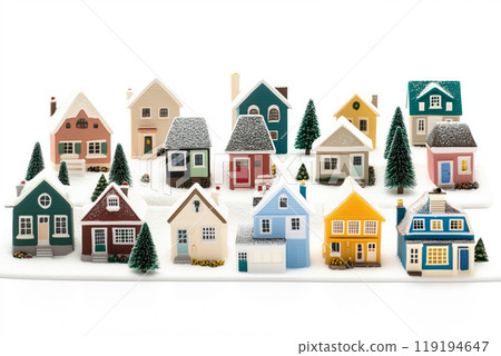 Miniature winter village with various houses, trees, and figurines on a white snowy background. Festive holiday decor 119194647