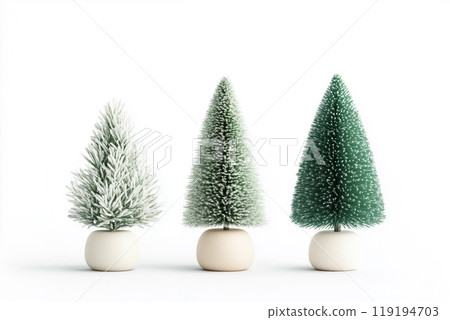 Miniature Christmas trees in white pots arranged in a row on write background. Holiday decoration concept Miniature Christmas trees in white pots arranged in a row on write background. Holiday decoration concept 119194703