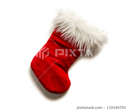 Red Christmas stocking with fluffy white trim on white background, Christmas Tree Decorations and holiday concept 119194705