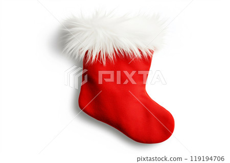 Red Christmas stocking with fluffy white trim on white background, Christmas Tree Decorations and holiday concept 119194706