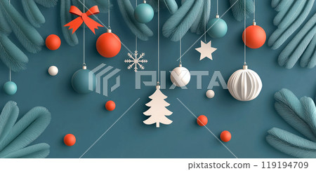 Decorative Christmas baubles of various designs hanging against a teal background. Concept of festive holiday 119194709