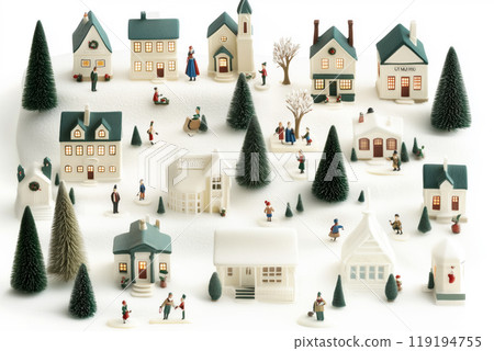 Miniature winter village with various houses, trees, and figurines on a white snowy background. Festive holiday decor 119194755