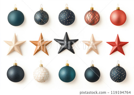 Collection of decorative Christmas ornaments in various styles and colors isolated on white background 119194764