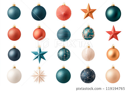 Collection of decorative Christmas ornaments in various styles and colors isolated on white background 119194765