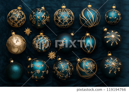 Luxurious Christmas ornaments with golden patterns on dark background. Concept of festive decorations and holiday 119194766