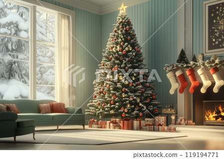 Decorated Christmas tree with red and gold ornaments and gifts underneath. Cozy room with a fireplace and warm lighting Decorated Christmas tree with red and gold ornaments and gifts underneath. Cozy room with a fireplace and warm lighting 119194771