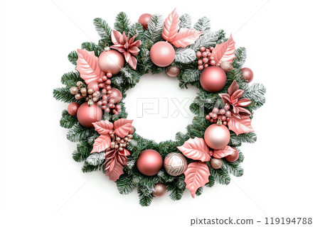 Festive Christmas wreath adorned with pine cones, berries, ornaments and pink bow isolated on white background. 119194788