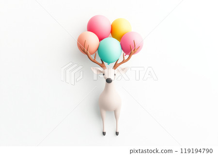 A charming deer holding colorful balloons, showcased in a playful graphic style, on a minimal white background 119194790