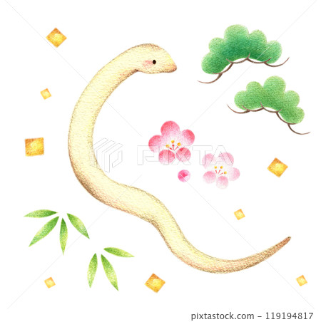 蛇與松竹梅套裝,手繪彩鉛畫 蛇與松竹梅套裝,手繪彩鉛畫 119194817