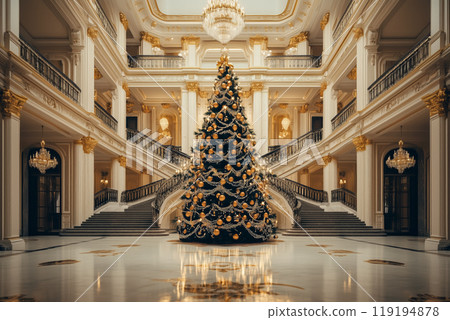 A beautifully decorated Christmas tree stands in an opulent hall with a grand staircase. Concept of luxury holiday decor A beautifully decorated Christmas tree stands in an opulent hall with a grand staircase. Concept of luxury holiday decor 119194878