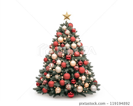 Christmas tree featuring red and gold ornaments, garland and topper star isolated on white background Christmas tree featuring red and gold ornaments, garland and topper star isolated on white background 119194892