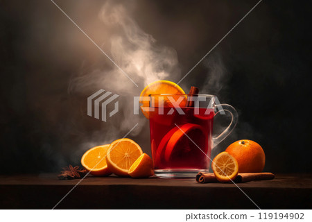 Steaming glass of mulled wine with orange slices and spices on dark background, showcasing cozy winter beverage concept 119194902