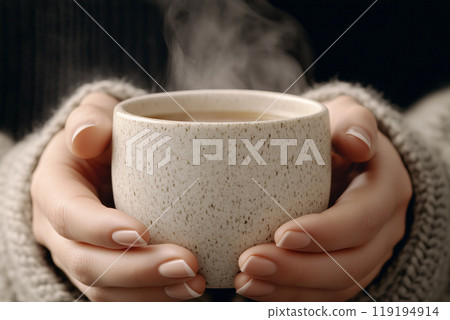 Close-up of hands holding a warm cup of coffee, cozy sweater, warm beige background. Concept of comfort and relaxation 119194914