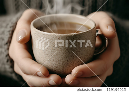 Close-up of hands holding a warm cup of coffee, cozy sweater, warm beige background. Concept of comfort and relaxation Close-up of hands holding a warm cup of coffee, cozy sweater, warm beige background. Concept of comfort and relaxation 119194915