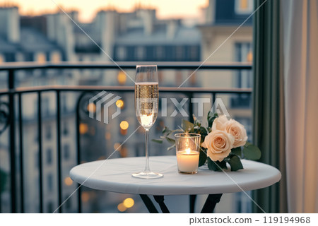 A glass of champagne, a lit candle, and white roses on a table, set on a balcony with a cityscape background. 119194968