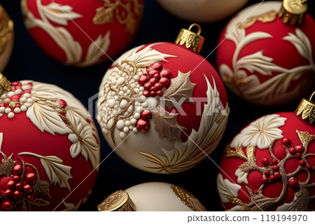 Beautiful Christmas ornaments with intricate gold and white designs on black background. Concept of holiday decoration 119194970