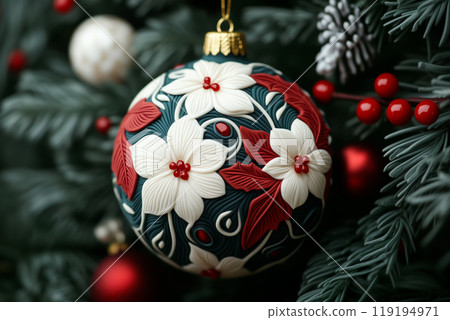 Beautiful Christmas ornaments with intricate blue and white designs on dark background. Concept of holiday decoration 119194971
